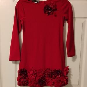 Deep Red Girls Dress W Beautiful Rose Embellishments